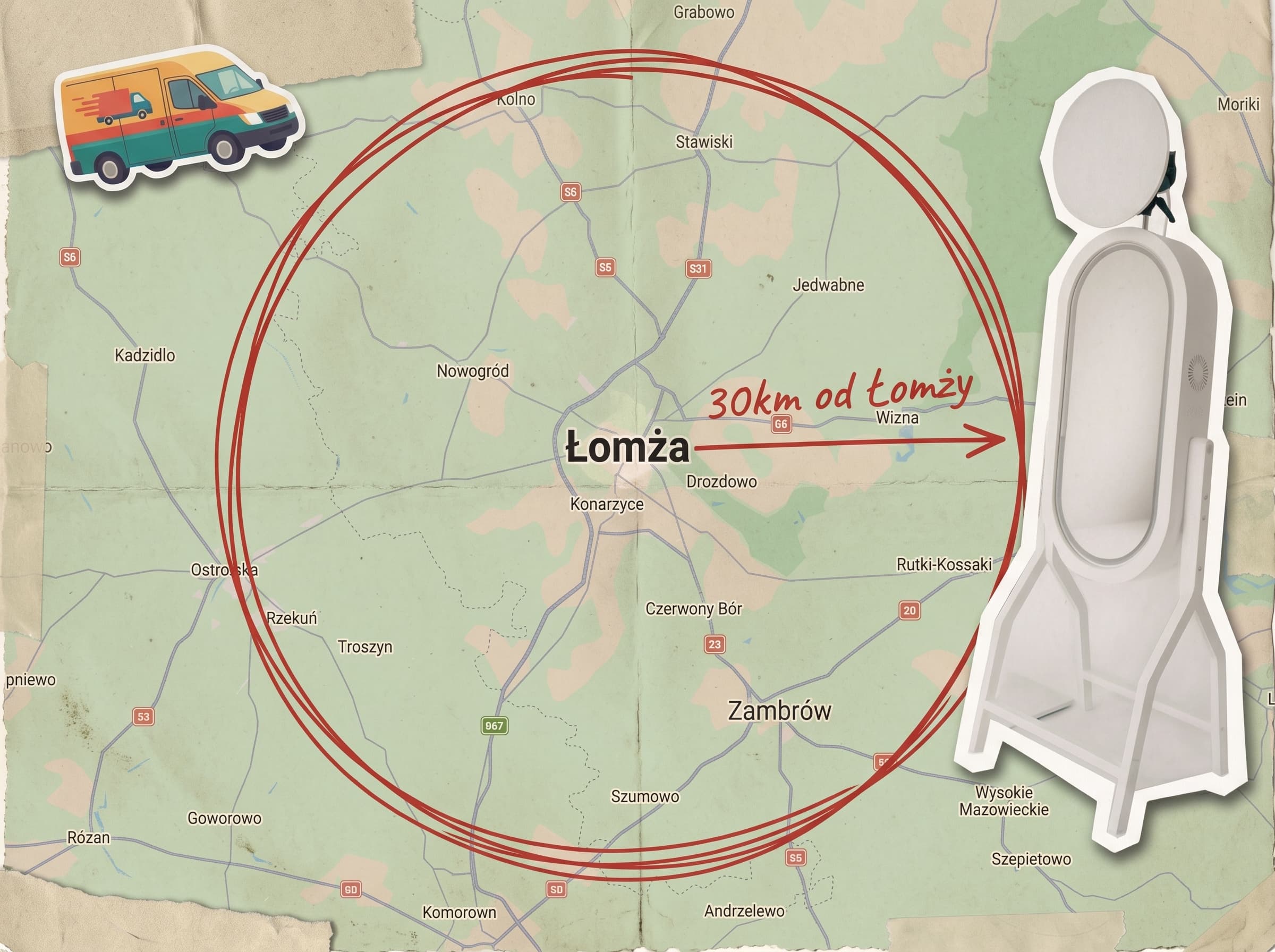 Mapa zasięgu bezpłatnego dojazdu do 30 km od Łomży